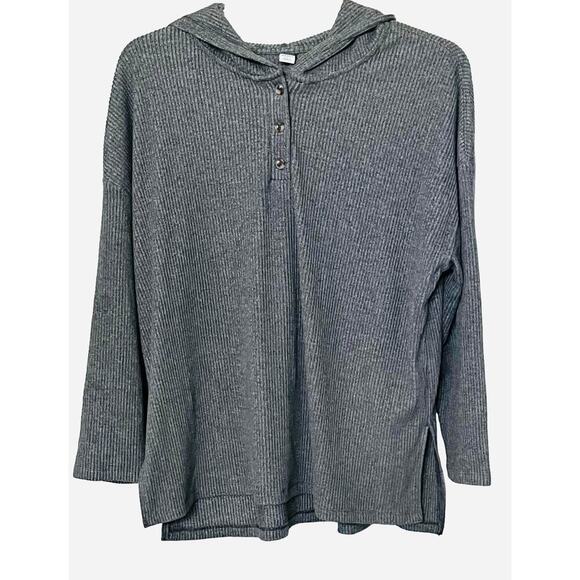 OLD NAVY LONG SLV PULL-OVER RIBBED KNIT SWEATER HOODIE, WOMENS, L, GREY-BUTTONS - Picture 1 of 10